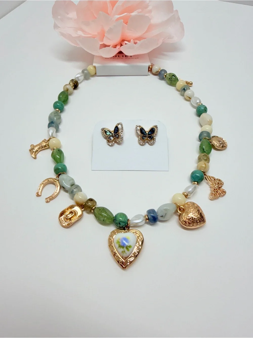 Green Beaded Charm Necklace with Butterfly Earrings Genuine ABALONE
